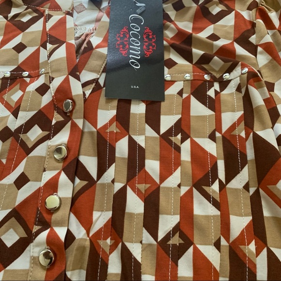 COCOMO Medium Brown Orange White 3/4 sleeve women's Pintuck Blouse top shirt - Picture 10 of 16